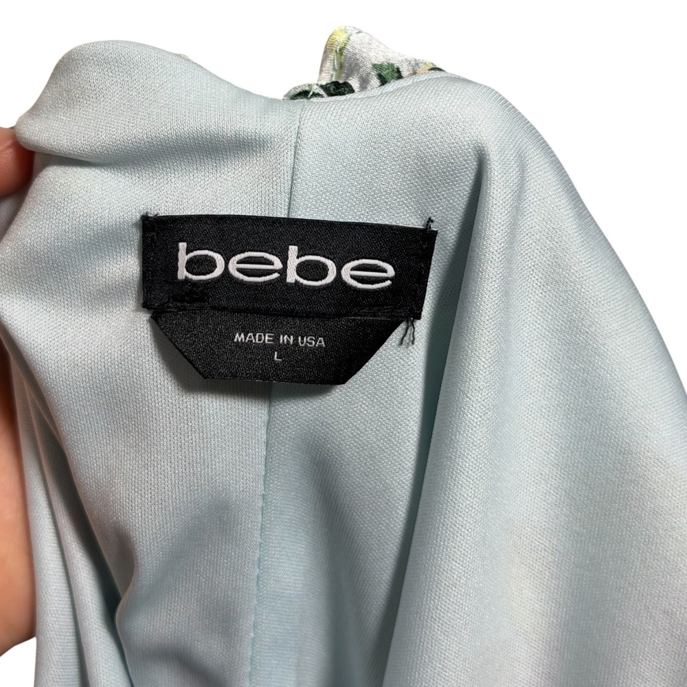 Bebe Printed Bubble Satin Mini Dress Light Blue Floral Romantic Women's Large - Picture 7 of 9